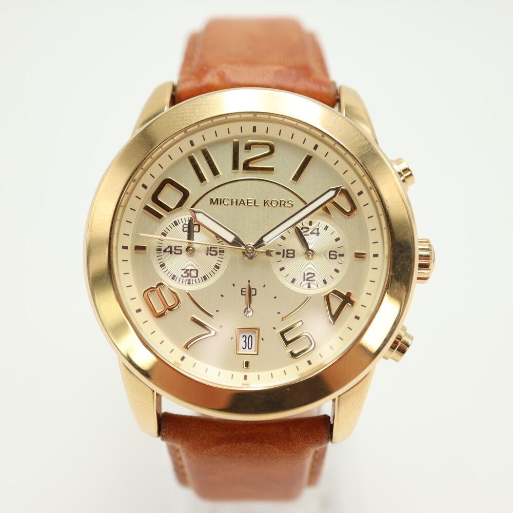 Michael Kors Mercer Gold Tone 42mm Chronograph Watch Leather MK2251 New Battery - Picture 4 of 11